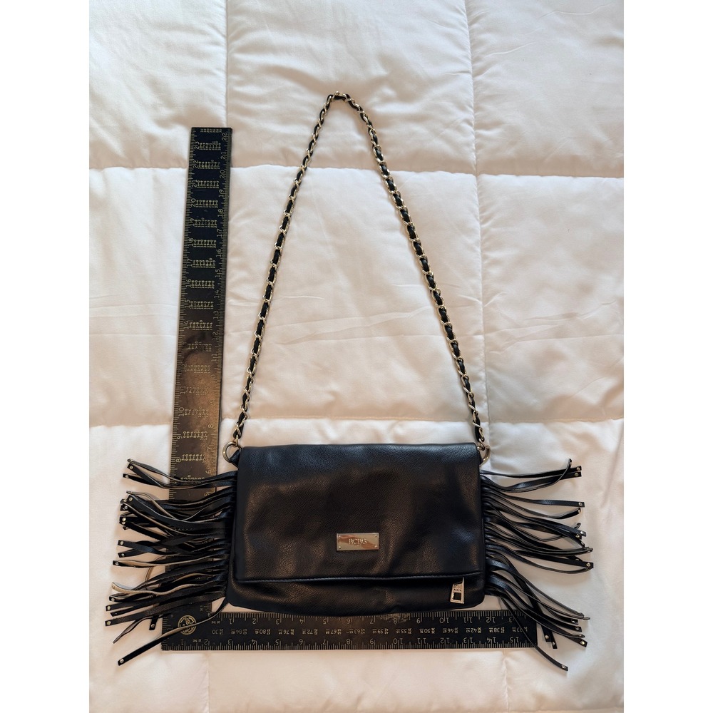 BCBG Paris Black Fringed Crossbody Bag Gold Chain Strap Pebbled Faux Leather